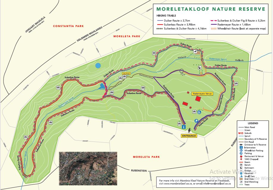 A map showing the trail options in the Moreleta Kloof Nature Reserve