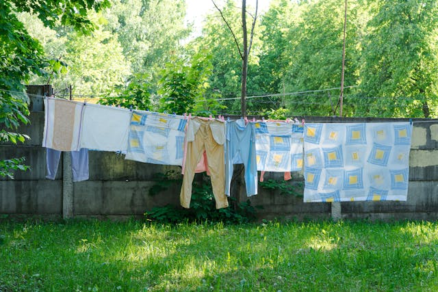 Washing hanging on a line surrounded by nature