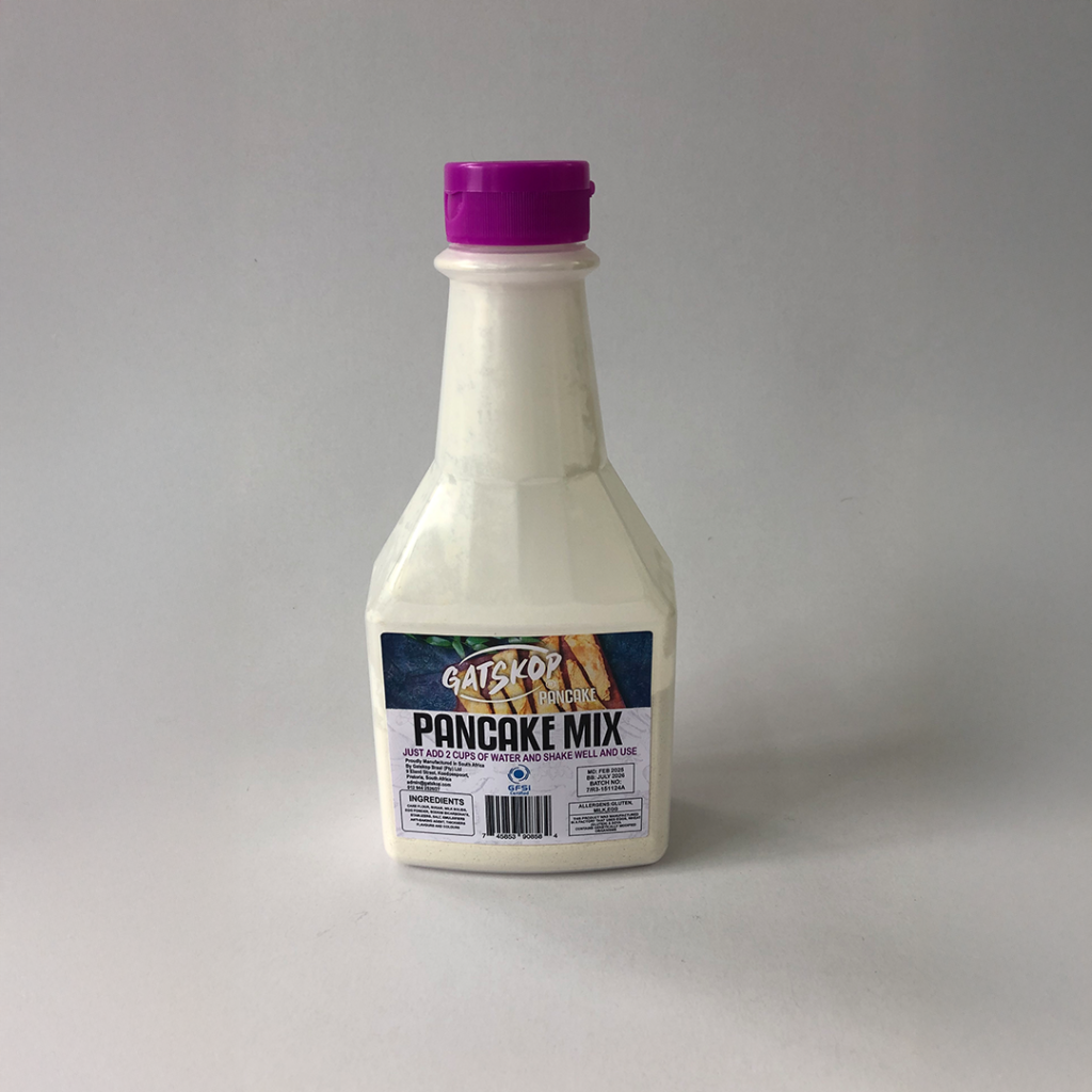A bottle of pancake mix from Gatskop