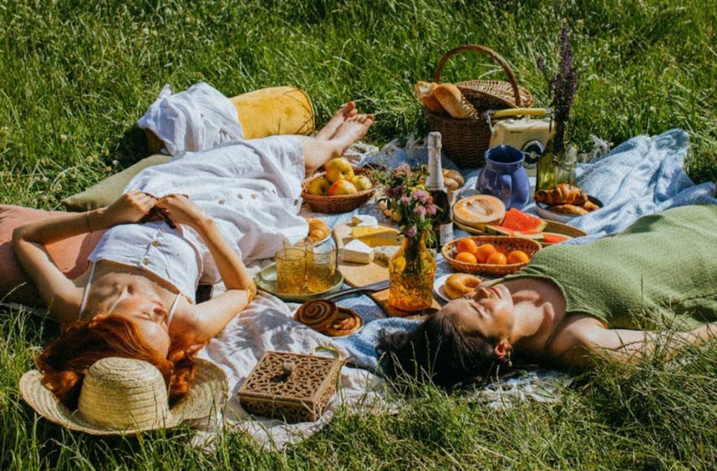 Two ladies on a picnic blanket in long green grass.