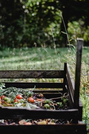 A composting system with food scraps on the pile.